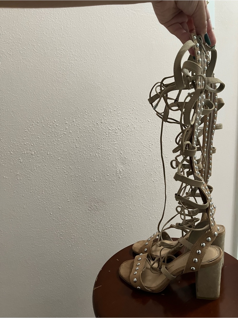 Gianni Bini Beige Lace-Up Studded Gladiator Heeled Sandals - Picture 4 of 4